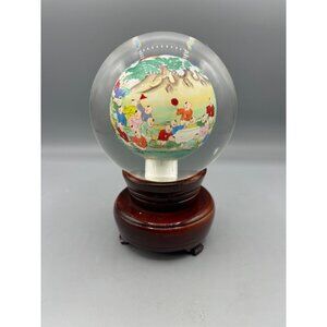Vtg Reverse Hand Painted‎ Glass Globe Wooden Stand Hundred Children Chinese